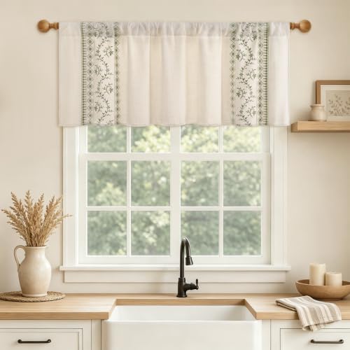Image of Yinhua Boho Valances for Windows Sage Green Embroidered Floral Valance Curtains, Light Filtering Farmhouse Window Valances Rod Pocket Kitchen Valance Curtains for Living Room, Bathroom, 52 inch W x 18 inch L