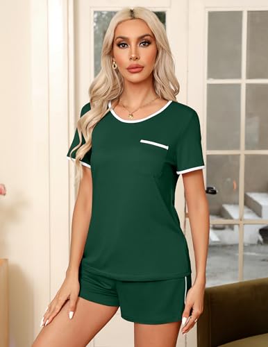 Image of Ekouaer Pajama Set for Women 2 Piece Lounge Set Short Sleeve Tops and Shorts Soft Sleepwear, Chest Pocket