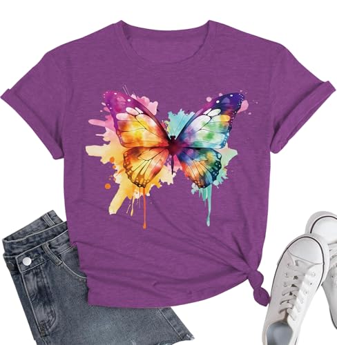 Image of Cat Shirts for Women Butterfly Graphic Tops Dandelion T Shirt Womens Vacation T-Shirt Nature Lover Tee