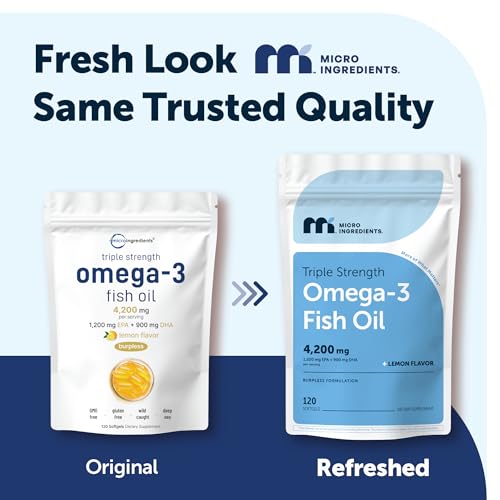 Image of Micro Ingredients Triple Strength Omega 3 Fish Oil Supplements 4200mg Per Serving, 120 Softgels - Lemon Flavored - Burpless | EPA 1200mg + DHA 900mg | Deep Sea Fish