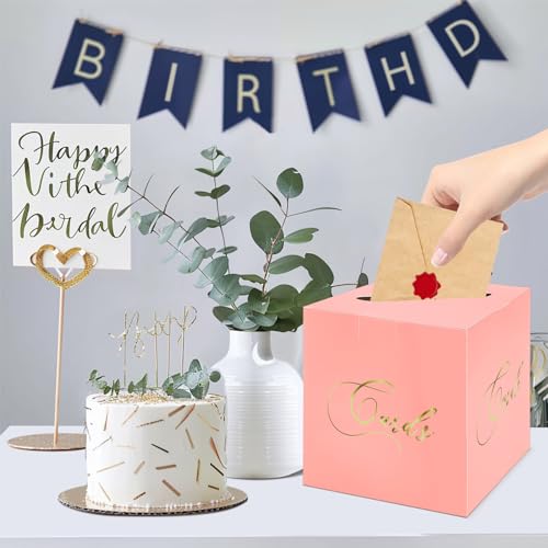 Image of Pink and Gold Card Box Gift Card Box Holder Envelope Box for Wedding Birthday Baby Shower Retirement Party Card Box