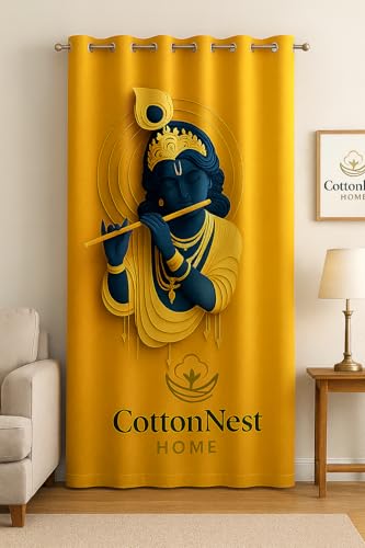 Image of Cotton Nest Home 3D Printed Krishna Bansuri Velvet Curtain | 7 Feet Door & Window Parda | Home & Decor Curtain for Pooja Room, Living Room & Bedroom | Premium Soft Velvet Curtains(Pack of 2)