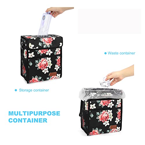 Image of Femuar Car Trash Can Leak Proof Car Trash Bag Waterproof Car Garbage Can with Lid Collapsible and Portable with Storage Pocket, Large /Flower, 3 Gallons