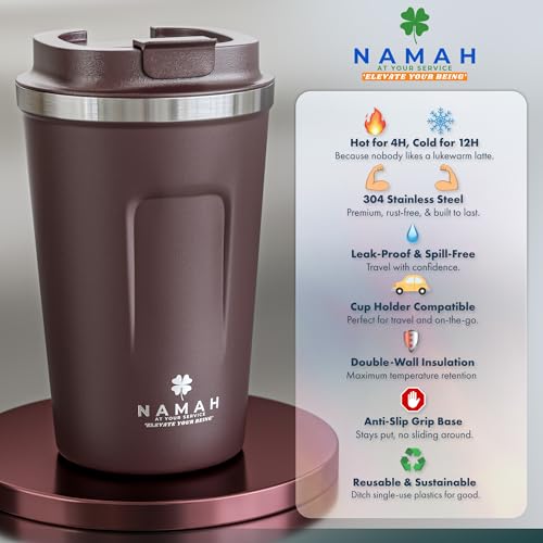Image of Namah 380 ML Stainless Steel Travel Mug | Leakproof Travel Coffee Mug | Thermosteel Vacuum Insulated Coffee Mug for Hot & Cold | Reusable Coffee Travel Mug for Office, Car Cup Holder Friendly
