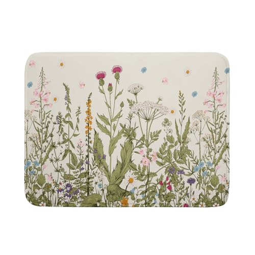 Aportt Spring Floral Wildflower Dish Drying Mat With Absorbent Reversible Microfiber Summer Flowers Sage Green Herbs Drying Mats 18 x 24 Inch Dish Drainer Mat Fast Dry For Kitchen Dining Room