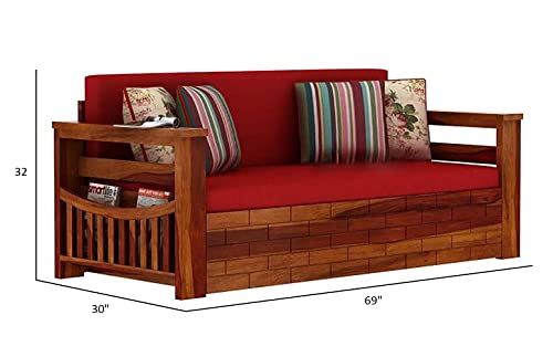 Image of Douceur Furnitures Sheesham Solid Wood Semi-Upholostered Sofa Cum Bed Set with Storage with Cushions for Home /Office & Living Room|Finish- Honey|3-Person Sofa