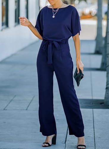 Happy Sailed Women Casual Loose Short Sleeve Belted Wide Leg Pant Romper Jumpsuits Large Navy Blue