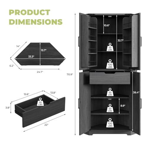 Image of Dripex 71 inch Corner Cabinet Black, Farmhouse Kitchen Pantry Cabinet with Doors Storage & Adjustable Shelves, Tall Corner Storage Cabinet with LED Light, Food Pantry for Living Room, Dining Room