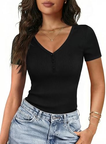 Gyabnw Camiseta Manga Corta Mujer Lisa de Ajuste Slim con Escote ...
