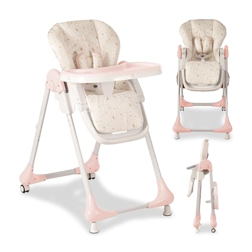 Asalvo CHEF Trona Bebé, Silla Alta hasta 36 Meses, Trona Evolutiva, Asiento Elevador, Silla Baja, Respaldo reclinable, Bandeja Extraíble, Forest Rosa