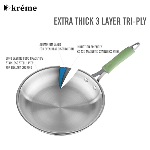 Image of Kreme Platina Triply Stainless Steel Cookware Set of 4 Pcs - Kadai 24cm /2.8L and Frypan 24cm /1.8L with Glass Lids, Consumes Less Oil, Healthy Cooking - Induction and Gas Stove Ready