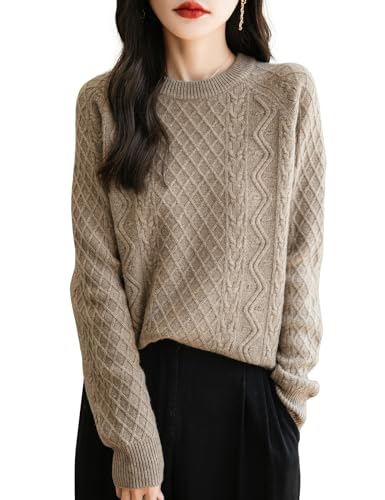 Women's 100% Merino Wool Sweater 2025 Fall Winter Casual Crew Neck Warm Long Sleeve Cable Knit Pullover Sweater