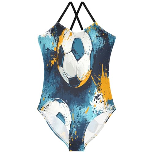 Pigsaly Girls One Piece Swimsuits Blue Yellow Watercolor Soccer Football Kids Cross Back Swimwear Bathing Suit 4T