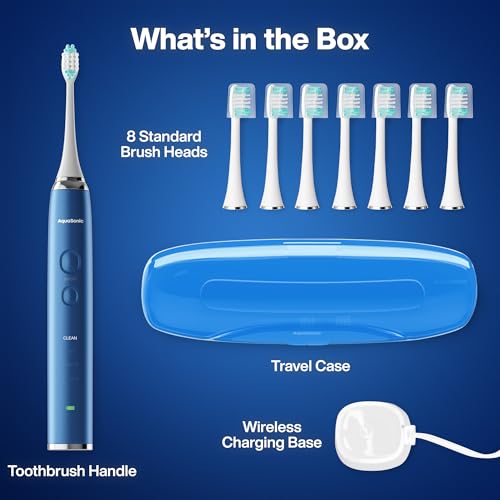 Image of Aquasonic Adult Vibe Series Ultra-Whitening Toothbrush A- Ada Accepted Electric Toothbrush-8 Brush Heads & Travel Case A- 40,000 Vpm Motor & Wireless Charging-4 Modes W Smart Timer A- Sapphire Blue