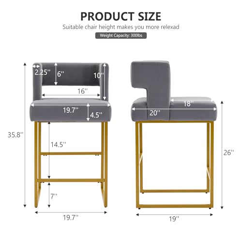 Image of 26 inch H Velvet Bar Stools Set of 6, Counter Height Bar Seats with Square Back, Modern Upholstered Armless Barstools with Metal Gold Legs for Kitchen Island Dining Room Bar, Grey
