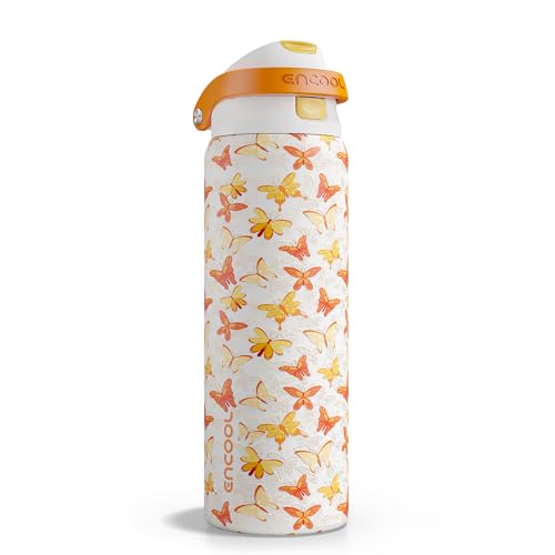 Image of ENCOOL Leakproof Insulated Water Bottle with Straw Dual-Sip Water Bottle Bag-Safe Design for Work, Commute & Gym - Keeps Drinks Cold All Day, 32 oz, Sunset Butterflies