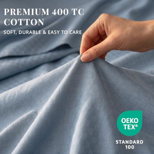 Image of LANE LINEN 400TC 100% Cotton Micro Check King Size Bedsheet - French Blue | OEKO-Tex Certified, 108 x 108 Inch, Fits King & Double Size Bed, Breathable & Wrinkle-Free, Includes 2 Pillow Covers
