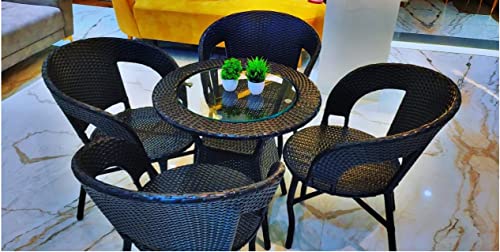 Image of Anaya Decor D-8 Chairs Table Set 4+1 Wicker Patio Furniture Sets 4 Chair and 1 Table for Garden Balcony Bedroom Powder Coated Frame Uv Protected Wicker (Brown-1)