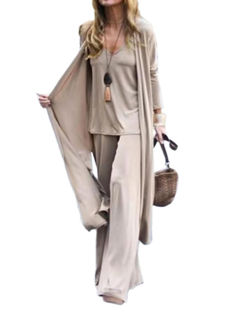 shownicer Loungewear Damen Sets 3 Teilig Lässig Weste Tank Top und Hoher Taille Lange Weites Bein Hosen und Mantel Sets Einfarbig Outfits Streetwear Freizeitanzug