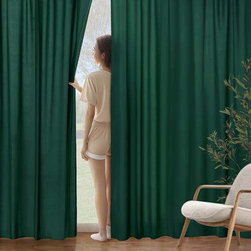 Image of MIULEE Hunter Green Semi Sheer Privacy Curtains Drapes 2 Panels 52W x 96L | Semi sheer privacy, non-see-through, light filtering, fits kitchen, bathroom, bedroom