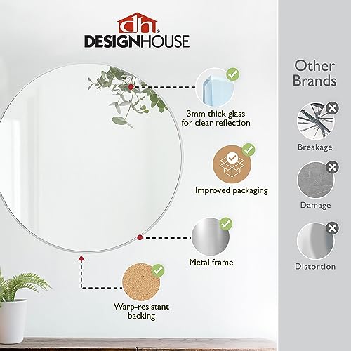 Design House Kenna Round Wall Accent Mirror – 28-Inch, Modern Metal Framed – Living Room, Bedroom, Bathroom Vanity Mirror – Silver, 587196-SLV