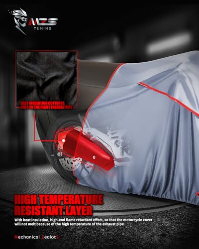 Image of MZS Motorcycle Cover Waterproof Outdoor, Heavy Duty All Season Weather Sun Protection with Storage Bag Vents Night Reflective Cotton Lining Lock Holes fits up to 86 inch Motorbikes Vehicle Covers