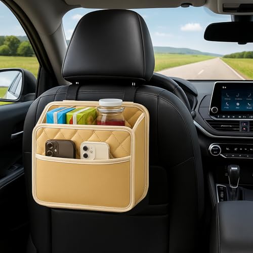 Image of Soko 1PC Car Caddy Back Seat Organizer, PU Leather Multi-Compartment Foldable Storage Bag, Space Saver Hanging Trash Bag, Foldable Garbage Utility Holder For Cars, Automobiles, SUV -Beige