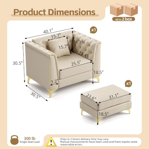 Image of KEIKI 40 inch Faux Leather Chesterfield Sofa with Handmade Button Tufted, Beige