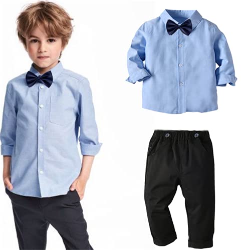 I3CKIZCE 2 pcs ensemble costume bébé 1-7 Ans Chemise à Manches Longues avec nœud Papillon +Pantalon Longue Couleur Unie avec Poches baptême cérémonie mariage photo gentleman (Bleu-Noir, 4-5 Ans) Cover