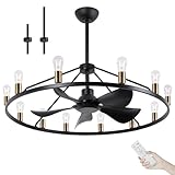 Miuyhji 44' Large Ceiling Fans with Lights Wagon Wheel Chandelier Black, Farmhouse Fandelier Dining Room Light Fixture, 6 Speed, Timing, Adjustable Height for Dining Room Living Room