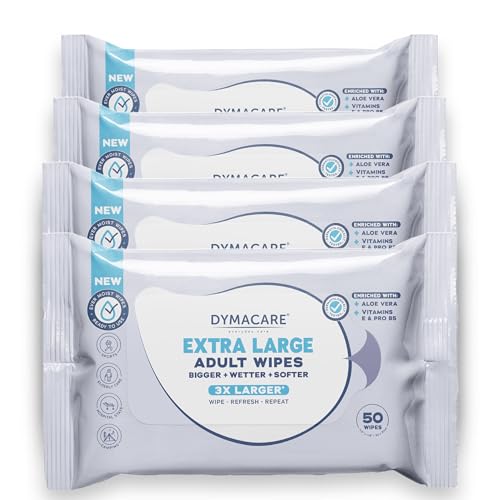 DYMACARE Body Wipes, Feuchttücher für Erwachsene, Größe XXL 30x30 cm – hypoallergen, parfümfrei, hautfreundlich mit Vitamin E und Pro-B5 – 50 Tücher pro Packung (200 Tücher)