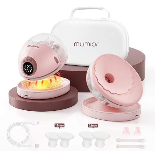 Image of Mumior Heated Base Hands Free Breast Pump, Wearable Breastfeeding Pump of Baby Heated Dustproof Base, Automatic Voice Prompts, LED Display with 4 Modes &12 Levels, Memory Function-24 mm, 2 Pack Pink