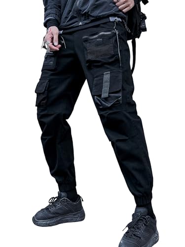 Ambcol Streetwear Hip Hop Casual Cargo Joggers Pants Multi-Pockets Outdoor Trousers with Drawstring Black M