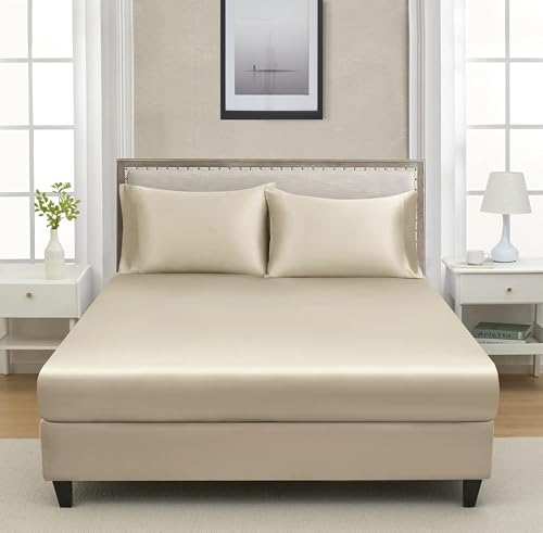 Image of RD TREND Microfiber Satin Weave Fitted Bedsheet for Double Bed King Size (78x72x10 Inch) with 2 Pillow Covers (18x28 Inch),400 TC Elastic All Around | (Beige)