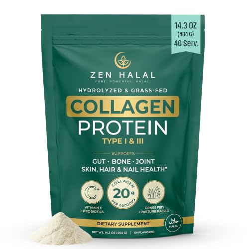 ZenHalal Collagen Powder with Vitamin C & Probiotic (18g Protein) Pure Grass Fed Halal Collagen Peptides for Women - Unflavored & Hydrolyzed Bovine Type I & III for Skin Hair Nails Joints and Gut