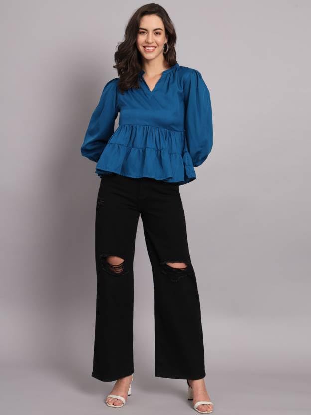 Image of THE DRY STATE Women's Rayon Casual Puff Sleeves Printed Multicolor Crop Top (S, Autumn Glory)