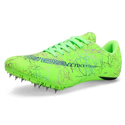 NGARY Spikes para Hombres Saltando Zapatos para Correr, Zapatos de Pista y Campo de Cuero Zapatos livianos Sprinting Sneakers atléticos,Verde,41 EU