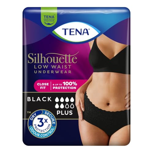 TENA Silhouette Plus Pants - Ropa interior de cintura baja, color negro, talla M, 100% protección, ajuste ceñido, ropa interior para incontinencia para mujer, 1 paquete de 12