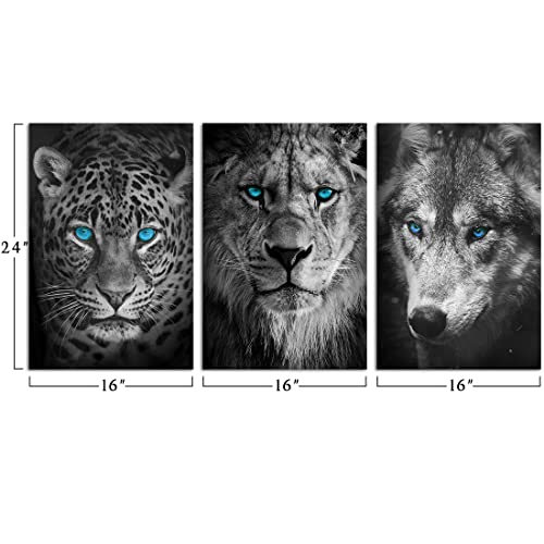Black And White Animals Pictures Wall Art Decor Leopard Lion Wolf Head With Blue Eyes Canvas Print Paintings Wildlife Portrait Poster Artwork Framed Modern Home Office Bathroom Decor 16"X 24" 3 Panels #TOP1