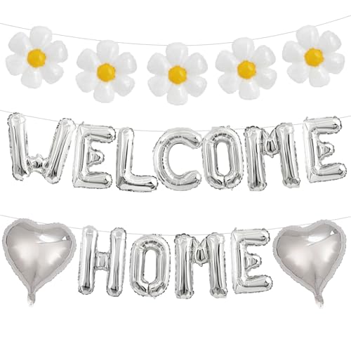 Welcome Home Balloons, 16 Inch Silver Welcome Home Balloons Banner White Daisy Foil Balloon for Homecoming Decorations House Warming Party Supplies