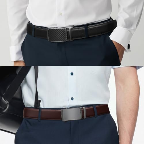 Image of Founders & C Mens Belt 2 Pack,Leather Ratchet Click Belt Dress with Slide Buckle 1 3 /8 inch in Gift Set Box- Size Adjustable