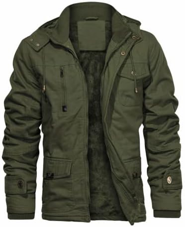 CHEXPEL Men's Cotton Military Jackets with Removable Hood Casual Winter Coat Windproof Work Outerwear Jackets Army Green XL