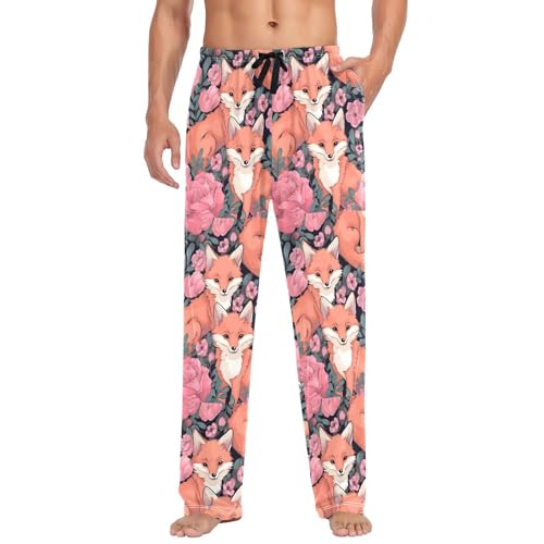 Men's Cute Foxes Pajama Pants with Pockets - Straight Fit Cotton Sleep Bottoms for Lounge & Nightwear#769