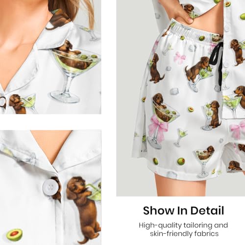 Image of Funny Pajamas for Women Set Print Satin Loungewear Pjs Short Sleeve Button Down Top and Shorts Sets Sleepwear XS-3XL