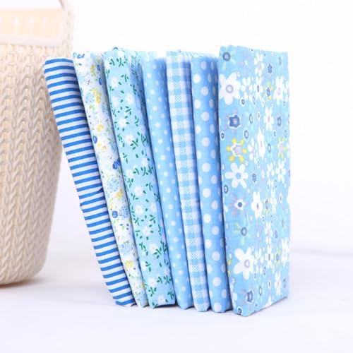 7 Pcs Blue Cotton Fabric Squares, 9.8 x 9.8 Inch (25 x 25 cm), Precut Quilting Fabric Bundles for Patchwork, Floral Craft Fabric for DIY Sewing, Scrapbooking, Dolls and Pillowcases