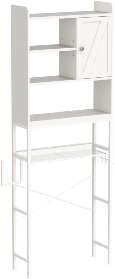 Lamerge Over The Toilet Storage Cabinet, Freestanding Bathroom Organizer with Adjustable Shelf, Paper Hook, Space Saver, Open Storage, White