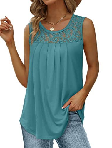 Image of Saloogoe Summer Tank Tops for Women Loose Fit Pleated Tunics Scoop Neck Sleeveless Lace Tops Curved Hem Flowy