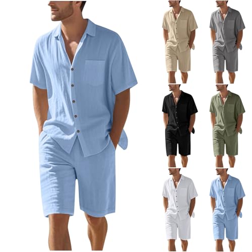 Cambkatl Men's Cotton Linen 2 Piece Outfits Loose Button Down Short Sleeve Shirts and Shorts Summer Travel Tracksuit Sets2