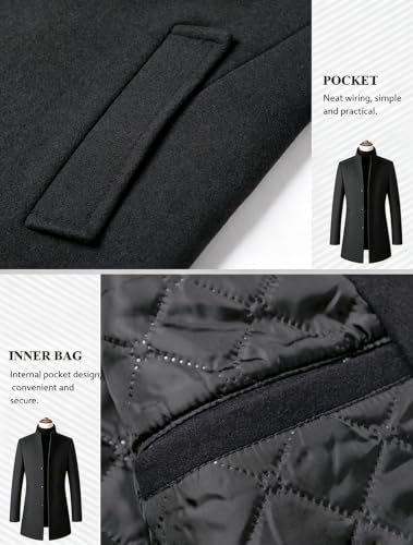 Image of FTCayanz Mens Trench Coat Wool Blend Single Breasted Overcoat | Stand Collar, Fall Slim Fit Top Coat, Winter Warm Coats for Men, Business Work Formal Casual Jacket, Daily Outwear