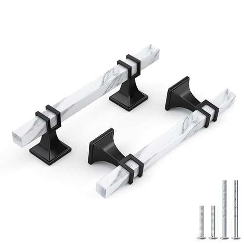 Haliwu 10 Pack White Marble Grain Cabinet Pulls, 3-3/4 inch Black Kitchen Handles, 2 Tone Solid Square Dresser and Drawer Hardware